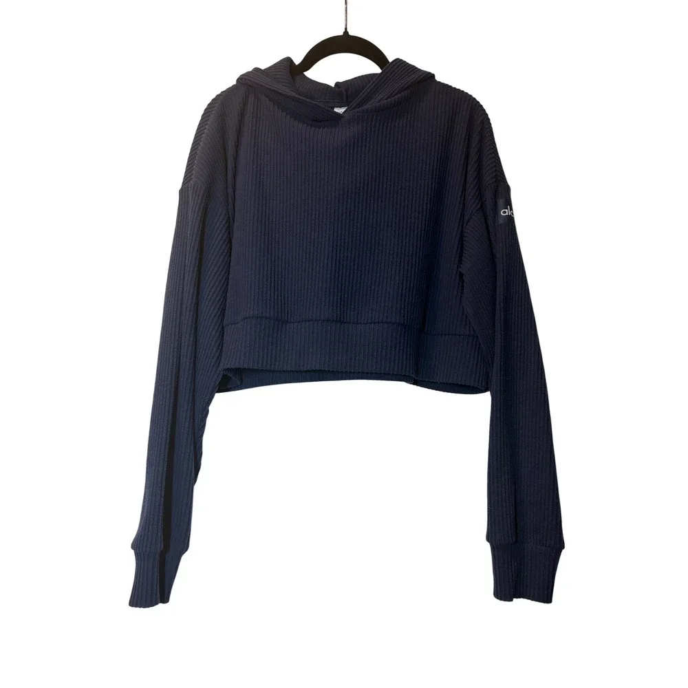 Alo Yoga Muse Hoodie Navy Blue Ribbed Cropped Pullover Sweatshirt Womens S